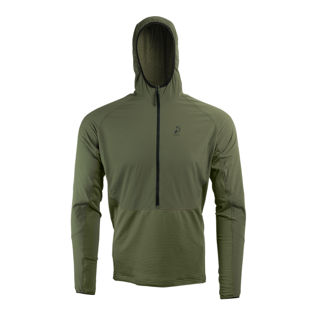 front view of olive green fleece mid layer