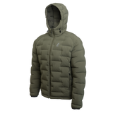 Outdoor Vitals Vantage Alpine Down Jacket in green – angled left front view, ultralight insulated puffer for cold weather hiking