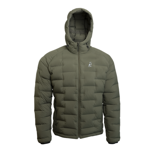 Outdoor Vitals Vantage Alpine Down Jacket in green – front view with hood, lightweight alpine insulation for backpacking