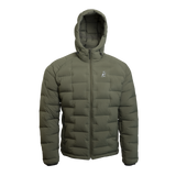 Outdoor Vitals Vantage Alpine Down Jacket in green – front view with hood, lightweight alpine insulation for backpacking