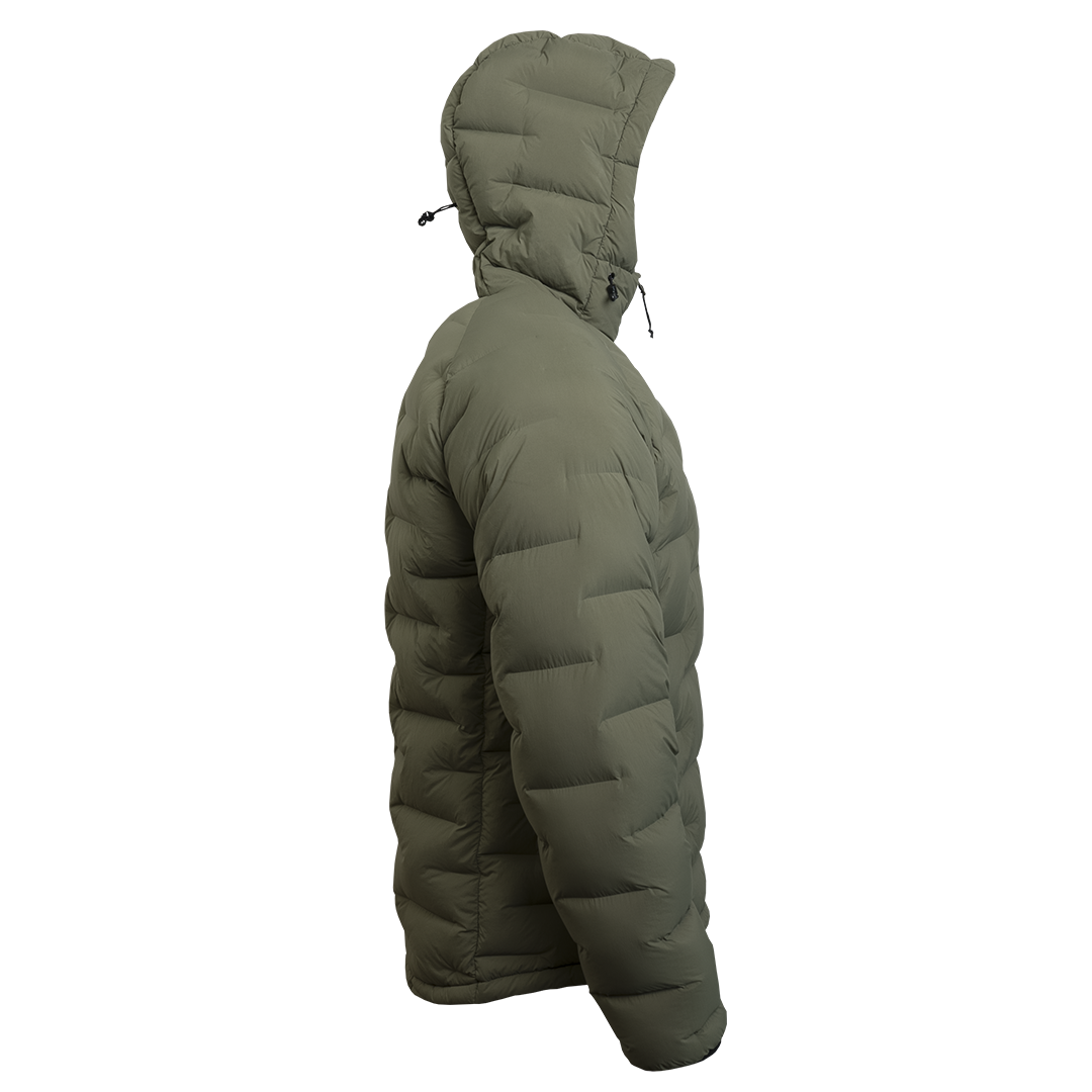 Outdoor Vitals Vantage Alpine Down Jacket in green – left side profile view with hood, ultralight zero stitch down jacket