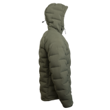 Outdoor Vitals Vantage Alpine Down Jacket in green – left side profile view with hood, ultralight zero stitch down jacket