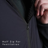 close side view of half zipper on ultralight fleece mid layer hoodie