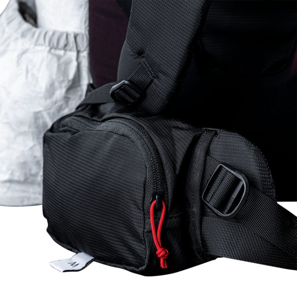 close view of large hip belt pocket on an ultralight backpack for hiking