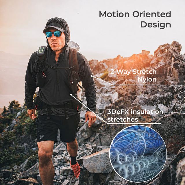 A man hiking on a rocky mountain path wearing a black technical outdoor jacket and backpack, with text reading 'Motion Oriented Design' and callouts highlighting '2 Way Stretch Nylon' and '3DeFX insulation stretches.' A circular inset shows the fabric stretch detail.