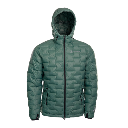 A blue-green NovaPro men's down jacket with a hood, featuring a zipper front and quilted design warmth.