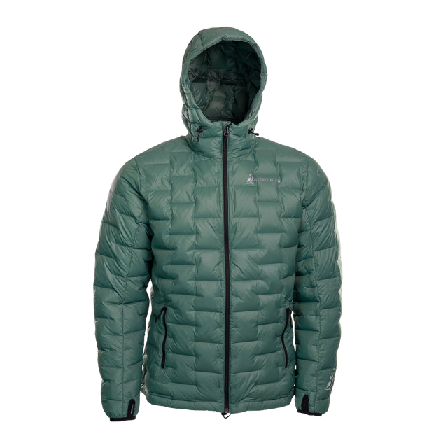 A blue-green NovaPro men's down jacket with a hood, featuring a zipper front and quilted design warmth.