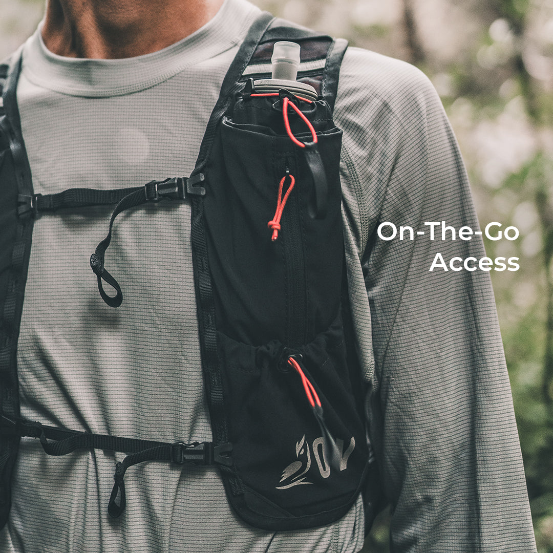 Close view of pocketing on technical fastpack harness. Text callout states, "On-The-Go Access."