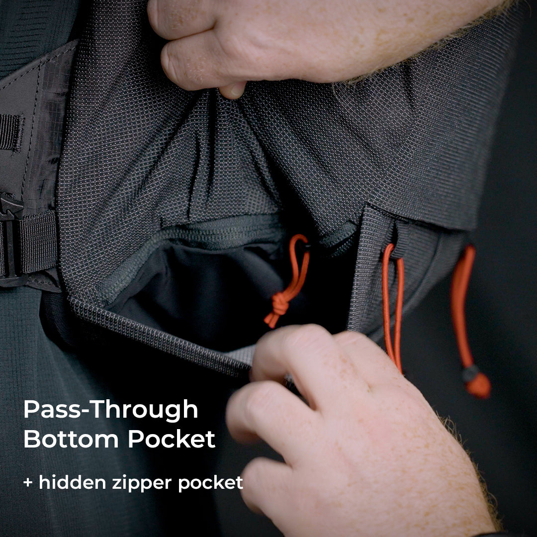Close-up view of the bottom stretch mesh pocket on the Outdoor Vitals Skyline 30 Fastpack.