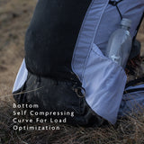 Close-up of backpack bottom showing self-compressing curved base designed to optimize load stability.