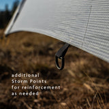 Additional storm tie-out point on ultralight backpacking tent for high wind stability