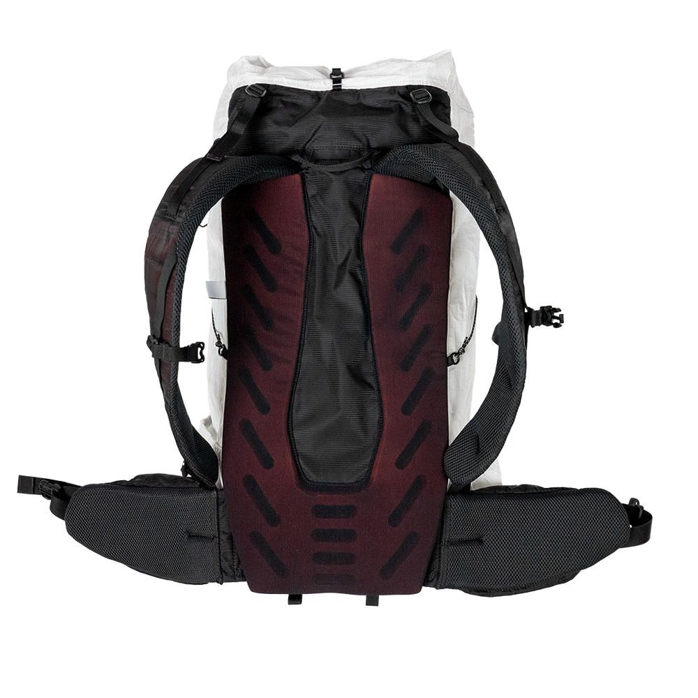 rear view of ultralight backpack for hiking showing back panel & shoulder straps