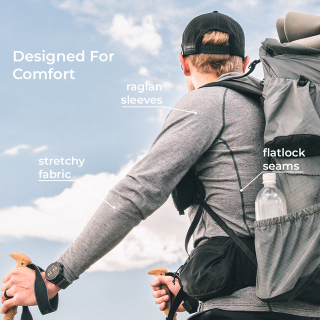 A man seen from behind wearing a long-sleeve hiking shirt with labeled callouts for raglan sleeves, stretchy fabric, and flatlock seams, plus a large gray hiking backpack against a blue sky background.
