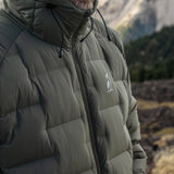 Close-up of the Outdoor Vitals Vantage Alpine Down Jacket chest showing logo and high-loft Zero Stitch™ baffles.