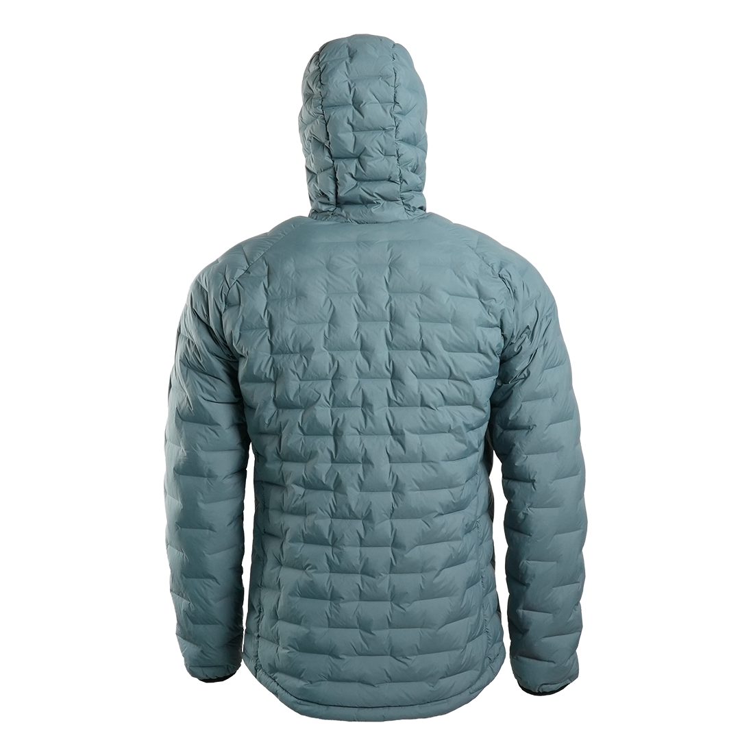 Back view of Outdoor Vitals Zulu Down Jacket in Bluestone showing quilted baffle pattern and lightweight insulated hood.