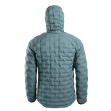 Back view of Outdoor Vitals Zulu Down Jacket in Bluestone showing quilted baffle pattern and lightweight insulated hood.