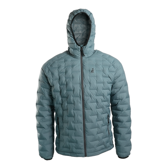 Front view of Outdoor Vitals Zulu Down Jacket in Bluestone displaying minimalist ultralight construction and zippered hand pockets.