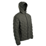 Outdoor Vitals Zulu Down Jacket in Chimera Gray angled right, ultralight packable down insulation with hood for cold-weather backpacking.