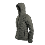 Outdoor Vitals Women’s Zulu Down Jacket in Chimera Gray – 45-degree left angle highlighting baffled construction and ultralight design.