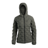 Outdoor Vitals Women’s Zulu Down Jacket in Chimera Gray – front view with hood up, showcasing minimalist design and premium down loft.