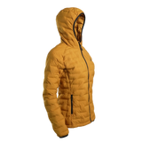 Outdoor Vitals Women’s Zulu Down Jacket in Thai Curry Yellow – 45-degree right angle displaying athletic cut, hood, and zippered hand pockets.