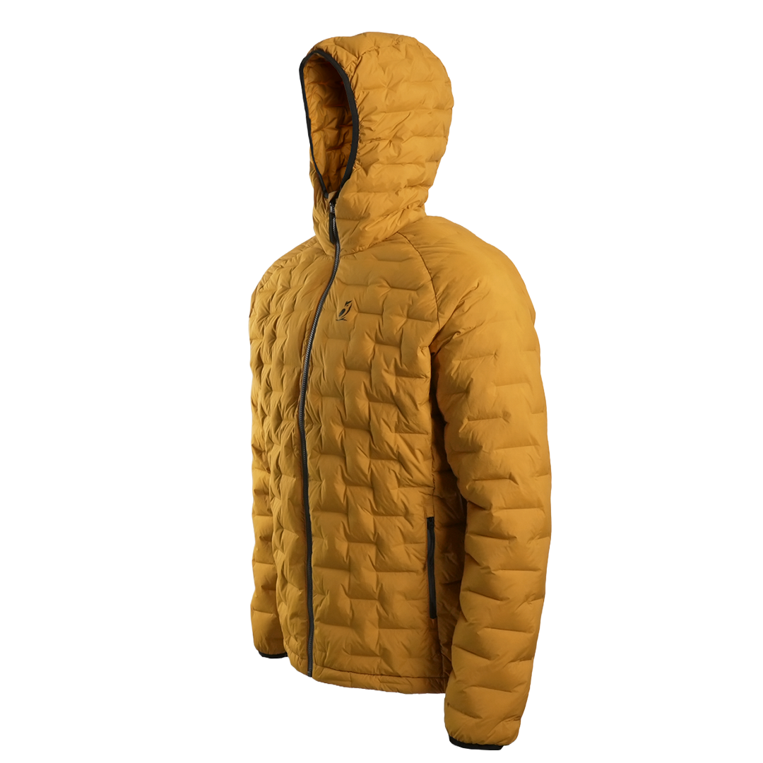 Outdoor Vitals Zulu Down Jacket in Thai Curry Yellow angled left, lightweight puffer design with adjustable hood and full-zip front.