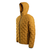 Outdoor Vitals Zulu Down Jacket in Thai Curry Yellow angled left, lightweight puffer design with adjustable hood and full-zip front.