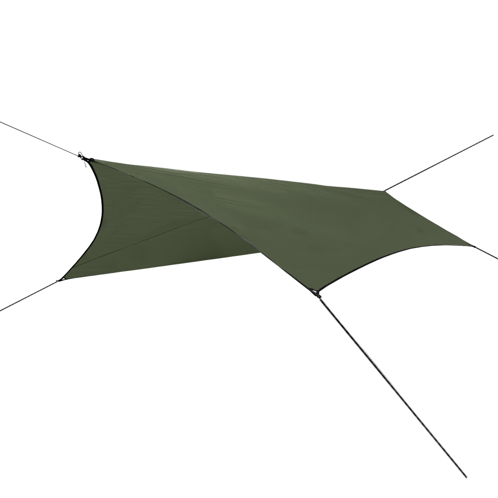 side view of green shelter tarp for ultralight backpacking
