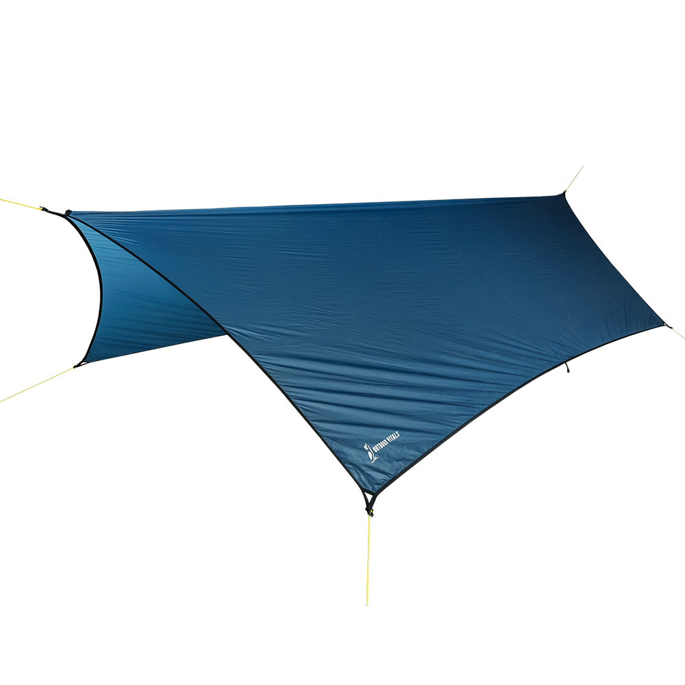 side view of blue ultralight tarp shelter