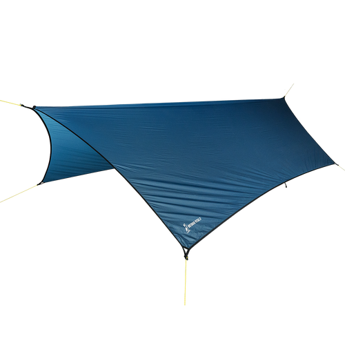 side view of blue ultralight tarp shelter