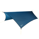 side view of blue ultralight tarp shelter