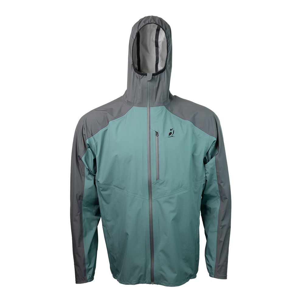 front view of men's blue & gray ultralight rain jacket for backpacking