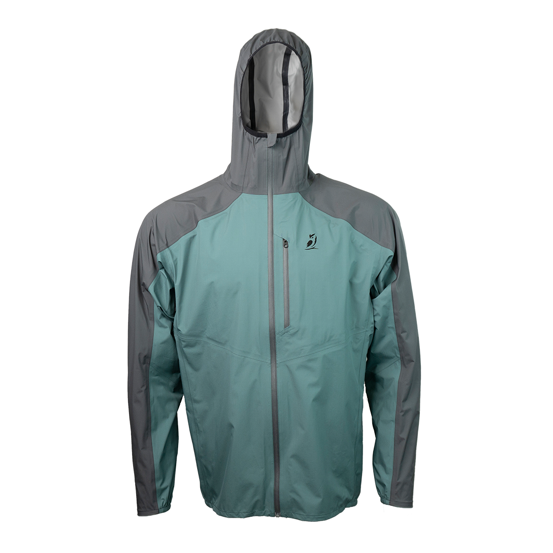 front view of men's blue & gray ultralight rain jacket for backpacking