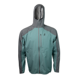 front view of men's blue & gray ultralight rain jacket for backpacking