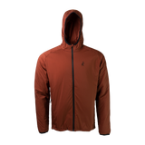 front view of men's full zip hooded jacket for backpacking