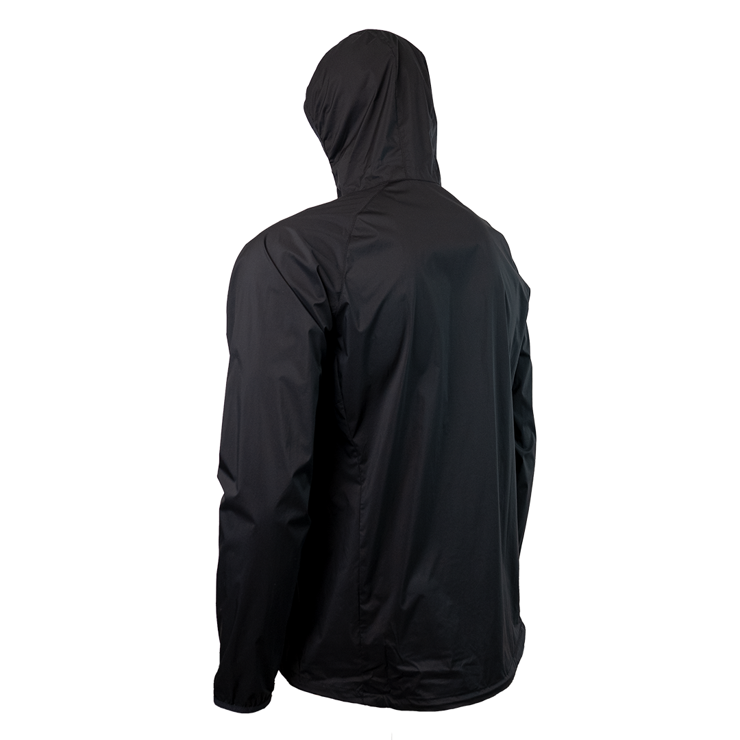 45 degree back left side view of black colored windbreaker jacket for backpacking