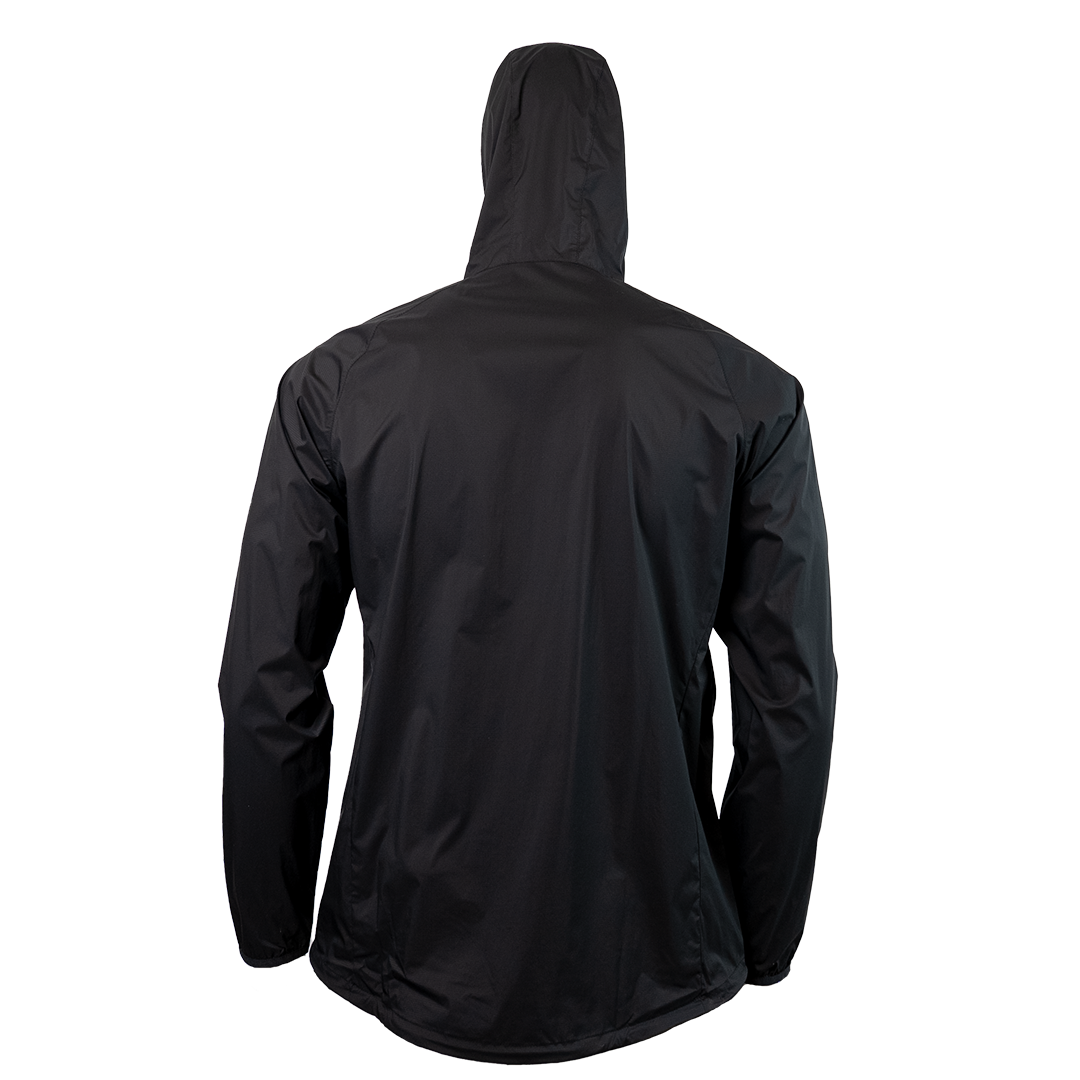 back view of black colored windbreaker jacket for backpacking