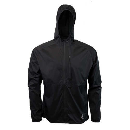 front view of black ultralight windbreaker jacket