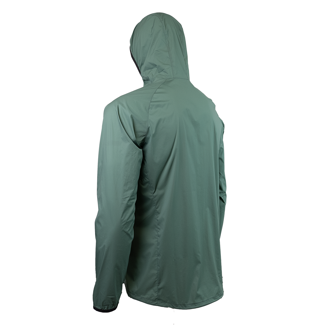 45 degree back left side view of dark forest colored windbreaker jacket for backpacking