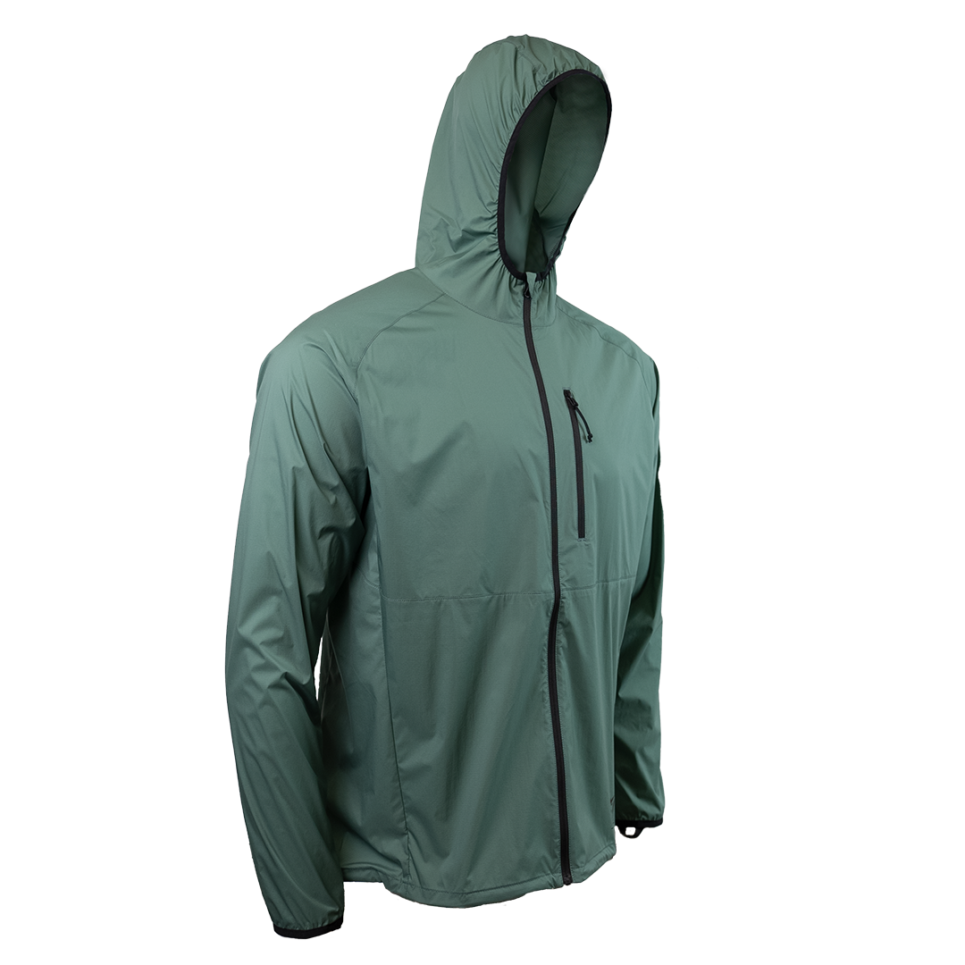 45 degree front right side view of dark forest colored windbreaker jacket for backpacking