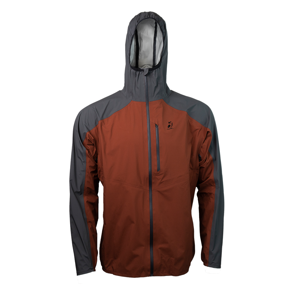 front view of men's red & gray ultralight rain jacket