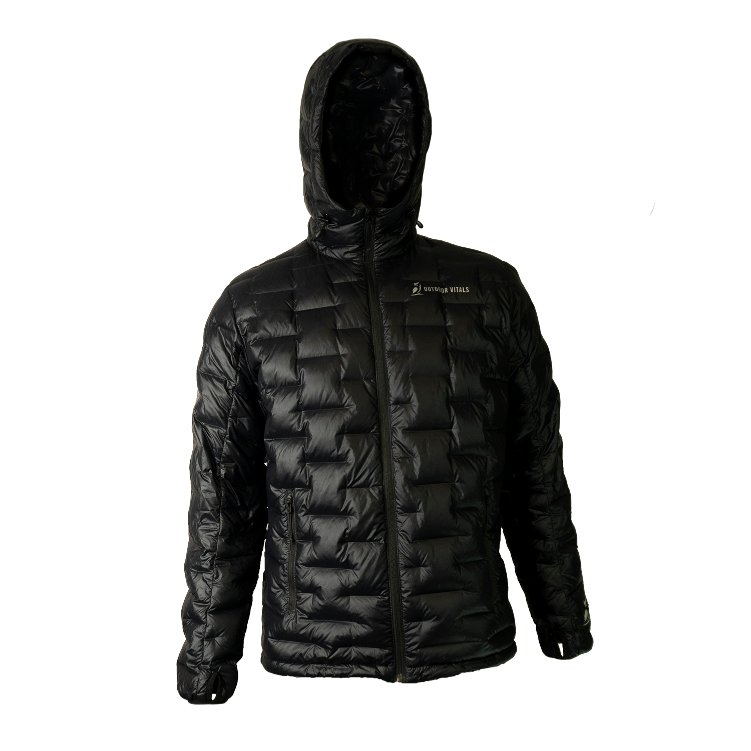 Front view of a black Outdoor Vitals insulated hooded jacket, featuring quilted baffles and a full-length zipper.