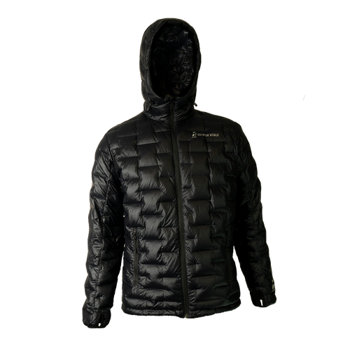 Front view of a black Outdoor Vitals insulated hooded jacket, featuring quilted baffles and a full-length zipper.