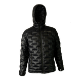 Front view of a black Outdoor Vitals insulated hooded jacket, featuring quilted baffles and a full-length zipper.