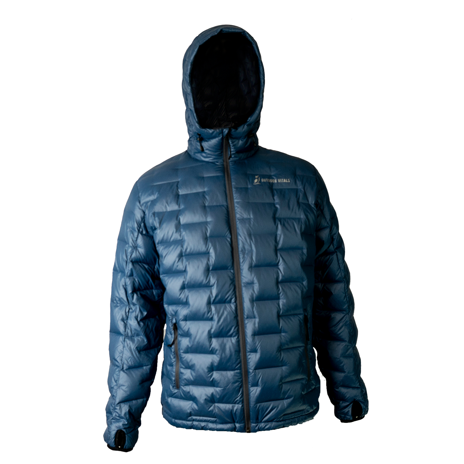 Front view of a blue Outdoor Vitals insulated hooded jacket, featuring quilted baffles and a full-length zipper.