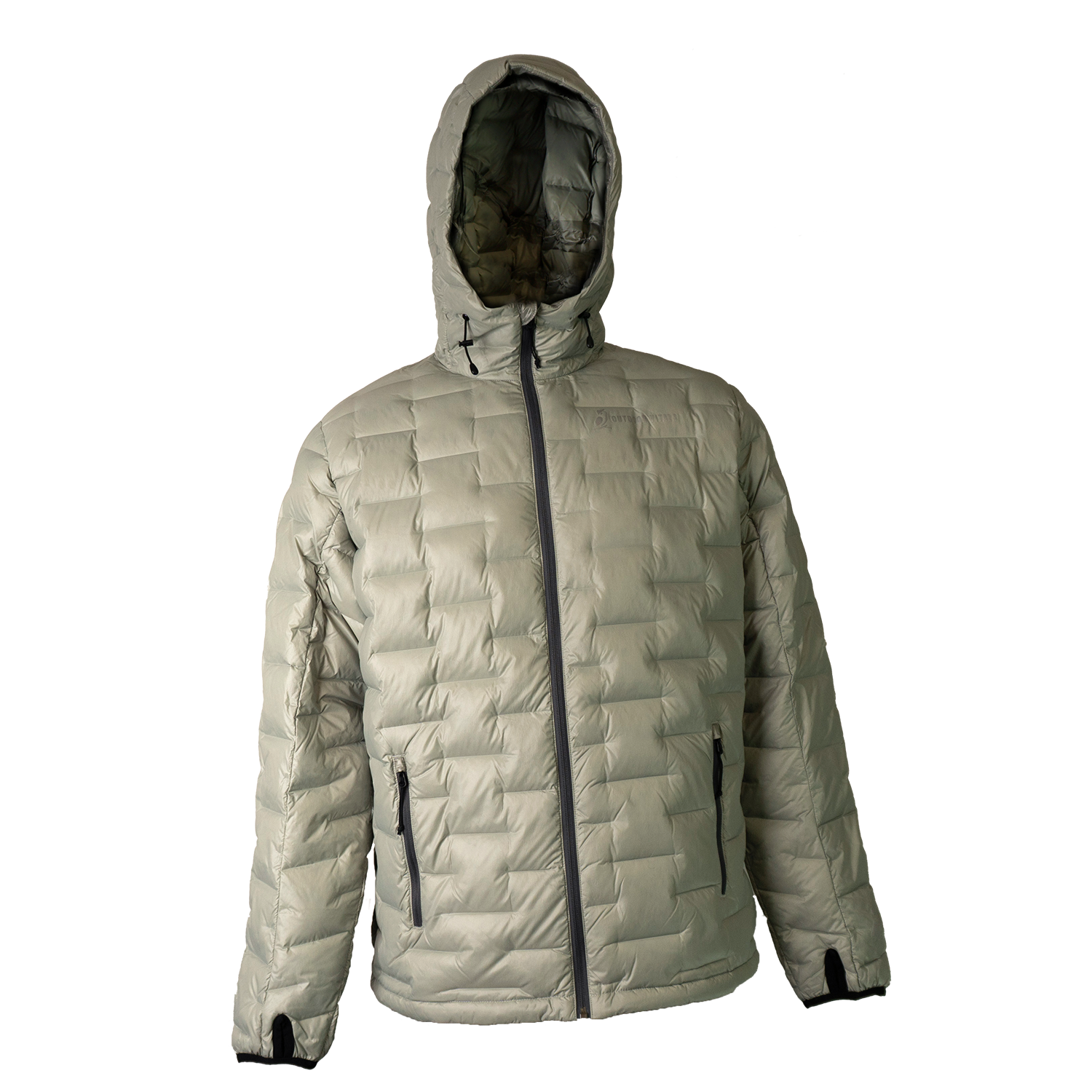 Front view of a light gray Outdoor Vitals insulated hooded jacket, featuring quilted baffles and a full-length zipper.