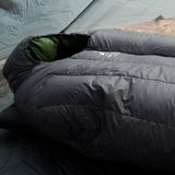 side view of ultralight down sleeping bag inside tent