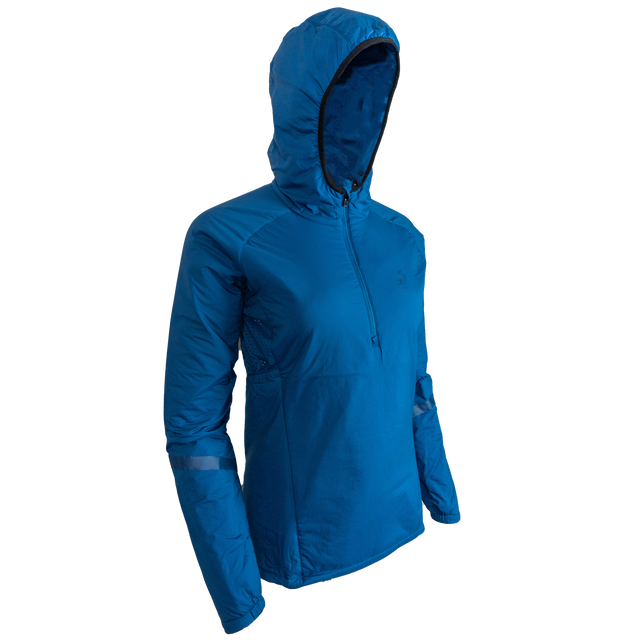 side view of women's blue technical hoodie