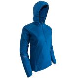 side view of women's blue technical hoodie