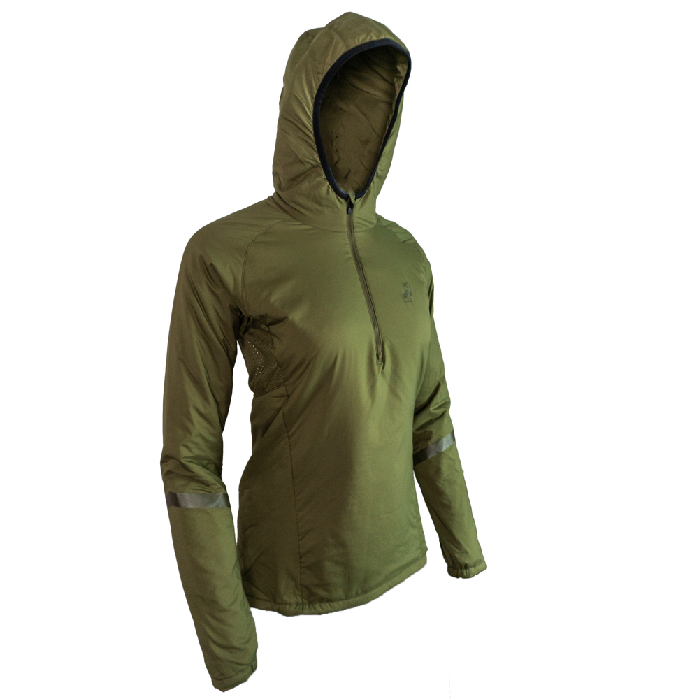side view of women's olive colored technical quarter-zip mid layer